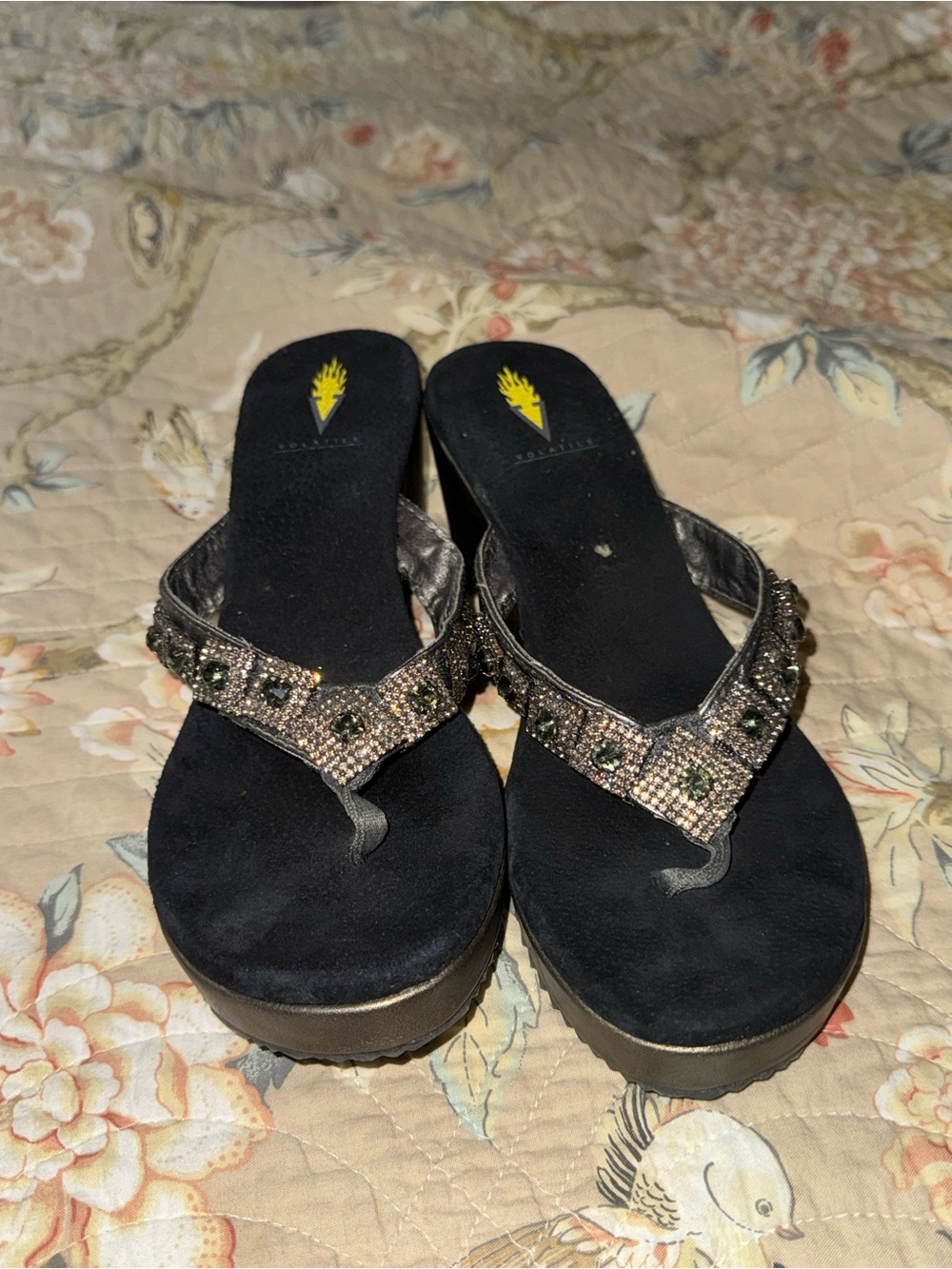 Volatile Black Jeweled Platform Thong Sandals